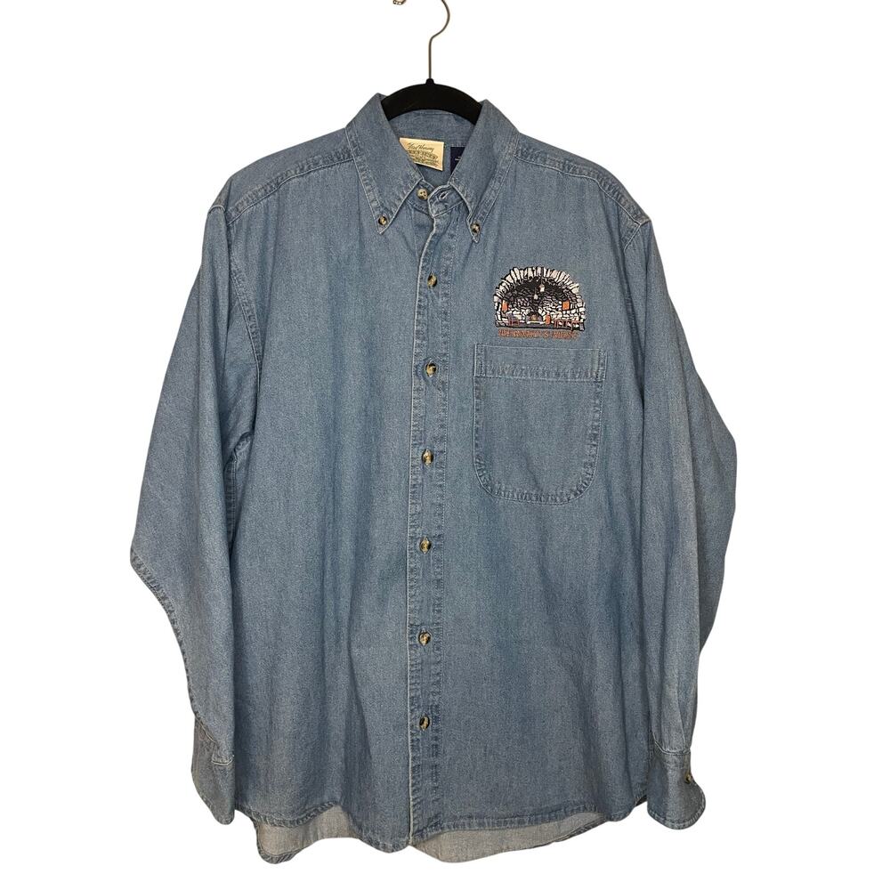 Vintage Fred Harvey Trading Company Embroidered denim button down shirt hermit’s